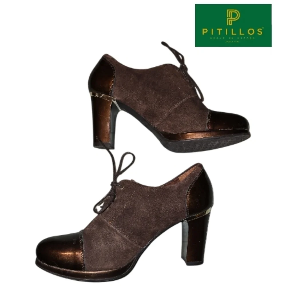 PITILLOS Suede and Patent Leather Ankle Boots Size 38 Brown